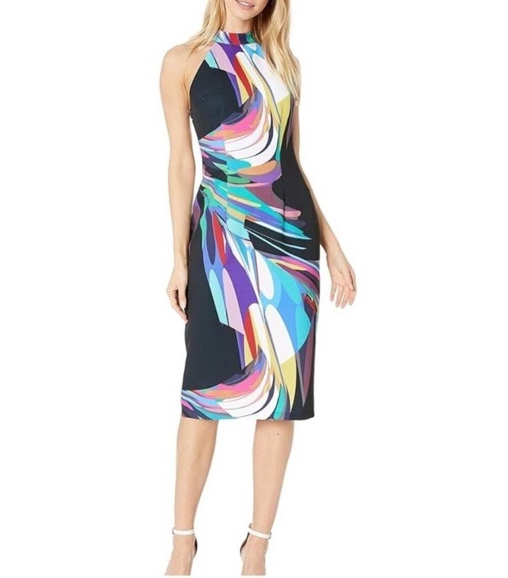 Trina Turk Emotion Black Multicolor Mock Halter Neck Midi Dress Size 8